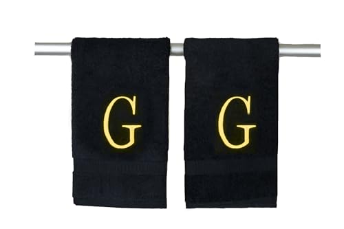 Black with Gold Monogrammed Hand Towels for Bathroom - Set of 2 Letter G - Luxury Hotel Quality Initial Towels For Powder Room, Spa, GOTS Organic Certified