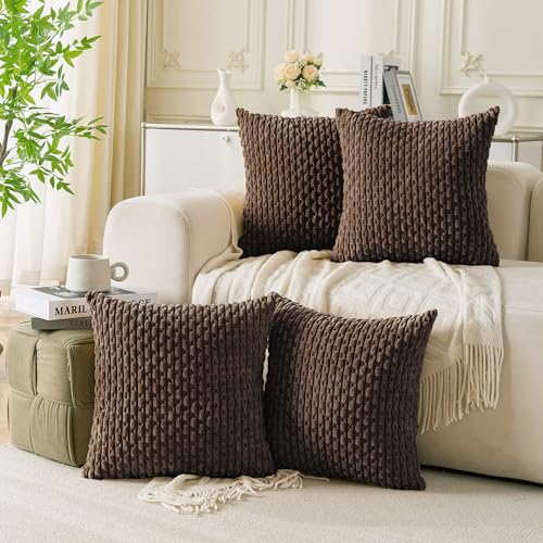 Cozoomy Set of 4 Dark Brown Decorative Throw Pillow Covers 24x24 Inch Corduroy Pillow Covers for Bed Couch Sofa Living Room Soft Square Cushion Cases