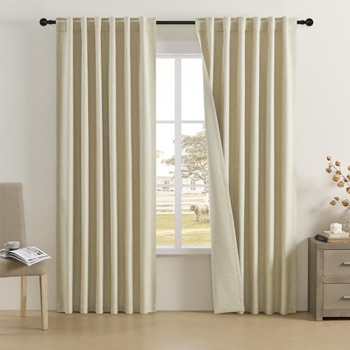 DUALIFE Faux Linen Back Tab Curtains 84 Inch Long for Living Room Light Blocking Rod Pocket Pleated Drapes Rustic Farmhouse Boho Curtains for Bedroom 2 Panels 50 by 84,Oatmeal Chartreuse