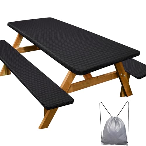 Play Tailor Picnic Table Cover Bench Covers Camping Essentials Tablecloth - Waterproof Vinyl for Outdoor, Windproof Elastic Fitted Edges, RV BBQ Accessories Must Haves, Storage Bag Included