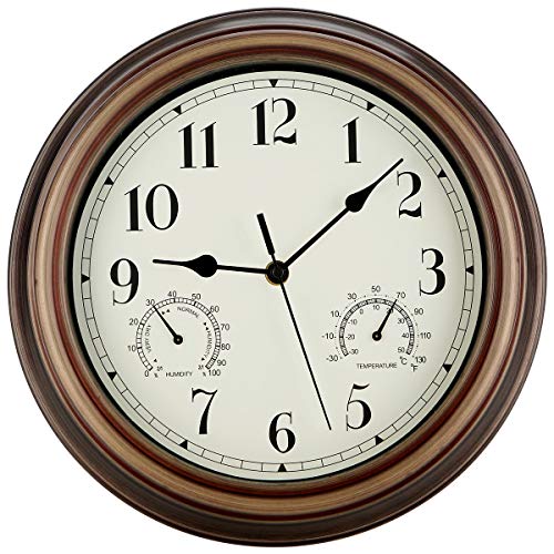 Rsobl SecreShow 12 Inch Indoor Outdoor Wall Clock Waterproof with Temperature and Humidity Combo,Battery Operated Non Ticking Silent Clock Wall Decorative