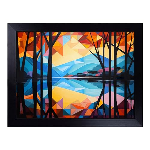 Lap Tray with Bean Bag Cushion, Lake Geometric - Handmade in the UK, Raised Wooden Edge, Padded Cushion, Heat-Resistant Wipe-Clean Surface, for Meals, Laptops and Crafts