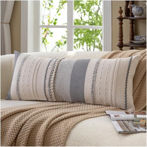 Cethom Boho Lumbar Pillow Covers 14x36 Inch Long, Grey Textured Decorative Couch Pillow Cases for Farmhouse Home Decor, Accent Cushion Cover for Sofa, Bed, Living Room, Bedroom, Pack of 1