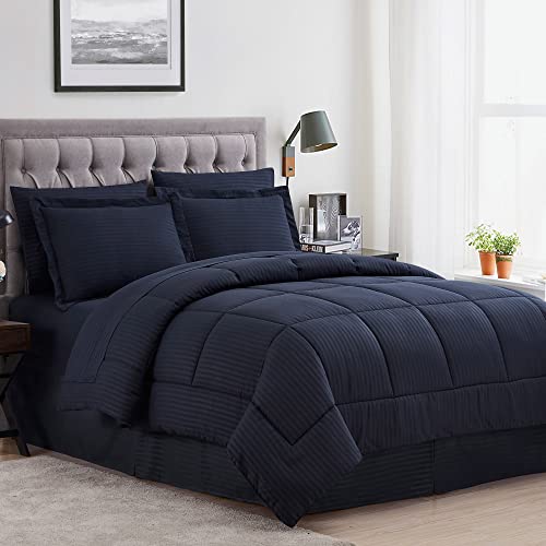 Sweet Home Collection 2 Pillowcases & 2 Shams & Bed Skirt All Season Warmth, Fine Double Brushed Microfiber/100% Fiber Fill, Dobby Navy, King