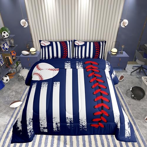Castle Fairy Kids Baseball Comforter Set Toddler Size,Navy Blue Red Bedding Set for Boys Girls Teens Bedroom Decor,Softball Ball Sports Games Down Comforter,2 Pcs 1 Pillowcase