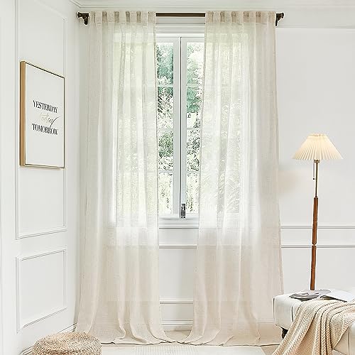 DUALIFE 2 Panel Set Beige Linen Sheer Curtains 96 Inches Long for Sliding Glass Door Living Room Bedroom Window Treatments Drapes,Off White Ivory Cream,8 FT 42x96 Length, Natural
