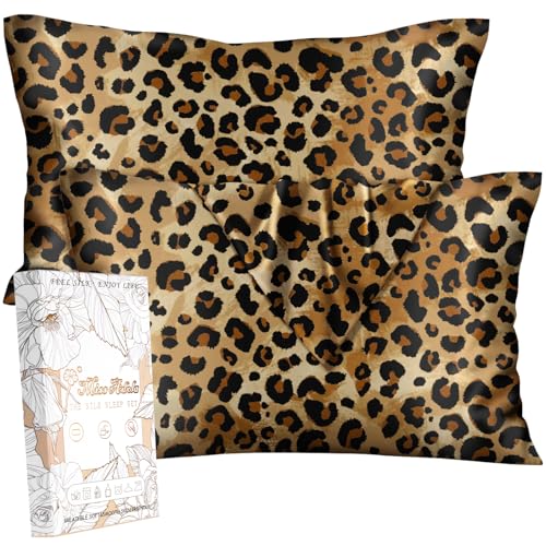 "Miss Adola Silk Pillowcase 2 Pack - Pillow Cases 20"" x 30"" Queen Size Set of 2 for Hair and Skin Smooth Soft Breathable with Hidden Cute Zipper Cooling Pillow Covers for Sleeping, Leopard"