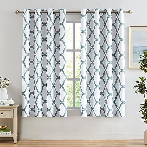 Melodieux Moroccan Printed Room Darkening Blackout Grommet Curtains for Bedroom Kitchen Small Windows, 52 by 45 Inch, Off White/Dusty Teal (2 Panels)