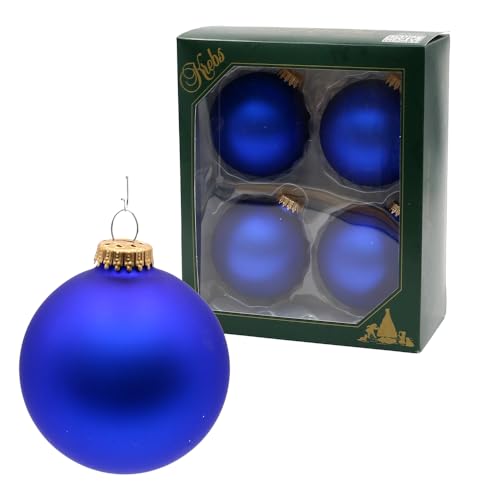 Dekohelden24 Lauschaer Christmas Tree Decorations - Blue Christmas Tree Baubles, Set of 4 Baubles Lauscha Plain Matt Satin Royal Blue, 8 cm, with Golden Crown + 50 Quick Hangers in Gold