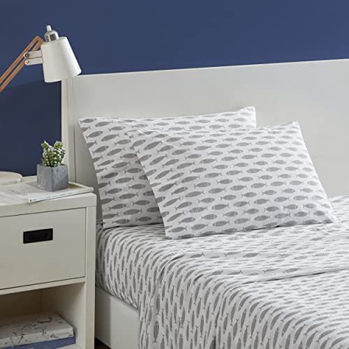 Nautica- King Sheet Set, Cotton Percale Bedding Set, Crisp & Cool, Lightweight & Breathable (Woodblock Fish Grey, King)