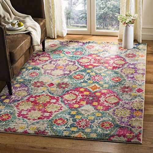 Safavieh Boho Chic Indoor Woven Rectangle Area Rug, Monaco Collection, MNC248, in Grey / Fuchsia, 155 X 231 cm for Living Room, Bedroom or Any Indoor Space