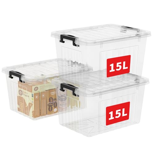 Cetomo 15L*3 Storage Boxes with Lids, Plastic Storage Box with Secure Side Latches, PP Nestable and Stackable Clear Organizer for Home, Office, Moving, Transparent, 15L-3 Pack
