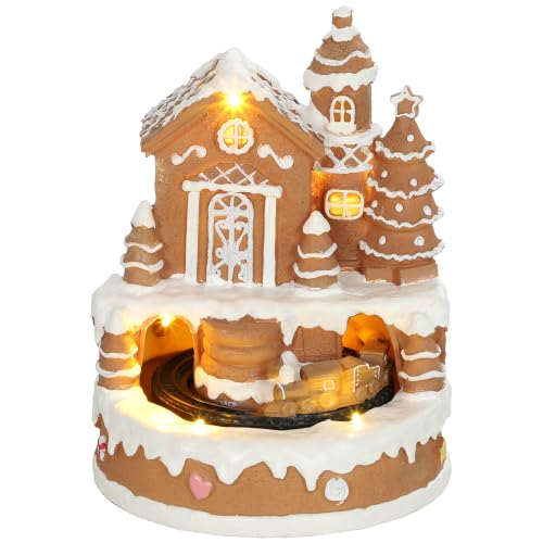 HOMCOM Christmas Gingerbread House, Lighted Musical Snow Village, Tabletop - with Rotating Train, 7 Warm White LED Lights, 8 Classic Christmas Tunes, Polyresin Table Decoration, Battery Operated