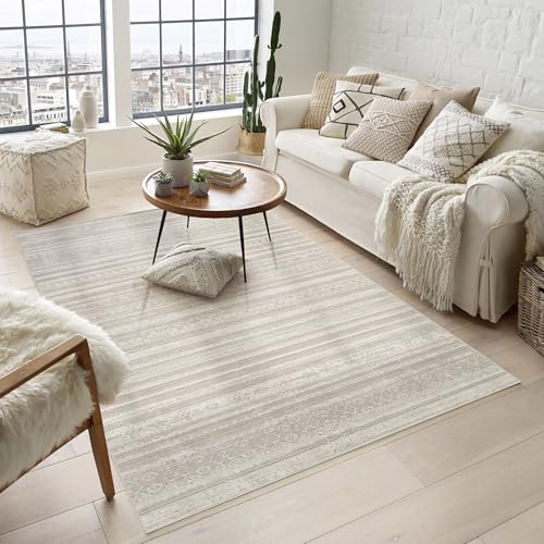 Rugs by Desire Maia Washable Living Room Area Rug – Soft Polypropylene Weaving, Low Pile, Non Slip Cotton Backing for Elegant Indoor Spaces, Beige, 160 x 240 cm (Rectangular)