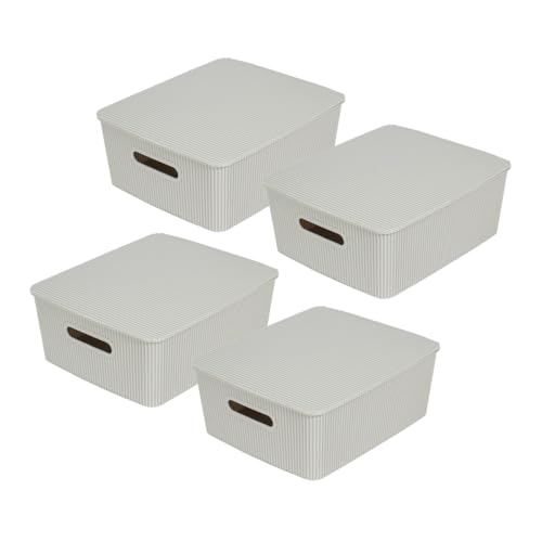 Glad Storage Baskets with Lids - Set of 4 Stackable Plastic Boxes with Handles - Decorative Shelf Organizer Bins for Bathroom and Closet, Grey, 3.1 Gallons