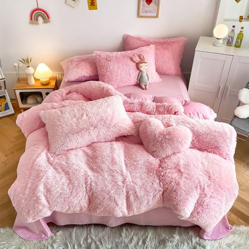 chovy Faux Fur Plush Light Pink Comforter Sets King - Ultra Soft Shaggy Flannel Velvet Fluffy Fuzzy 3PC Bedding Set ???Comforter x 1 Pillowcases x 2???