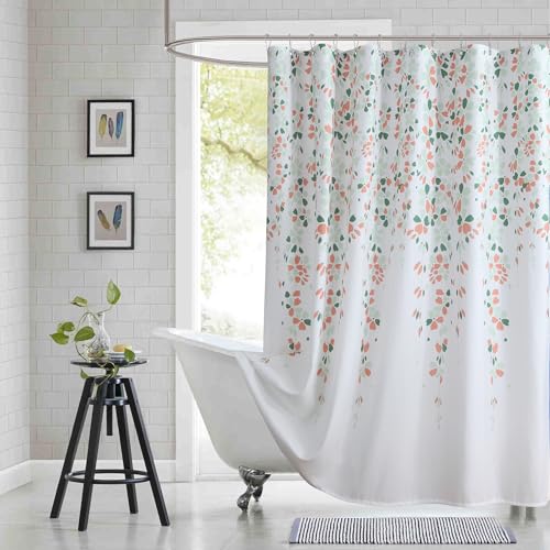 "BESTRIPES 90 Inch Fabric Shower Curtain, Extra Long Orange and Sage Green Floral Shower Curtains for Bathroom, Waterproof Bathroom Curtains, 72"" W x 90"" H"