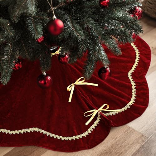 Arrowbash Christmas Tree Skirt 48 Inch Red Velvet Fur Scallop Tree Skirt Sparking Gold Lace Trim for Party Rustic Xmas Holiday Decorations All Year