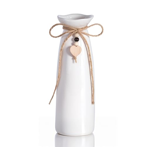 8.27-Inch Ceramic Vase with Jute Rope & Heart Charm, Elegant White Decorative Vase for Home D??cor & Table Centerpieces