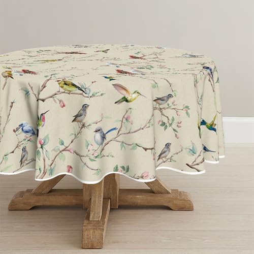 Horaldaily Spring Tablecloth 90 x 90 Inch Round Birds Branch Beige Floral - Seasonal Washable Table Cover for Party Picnic Dinner Decor