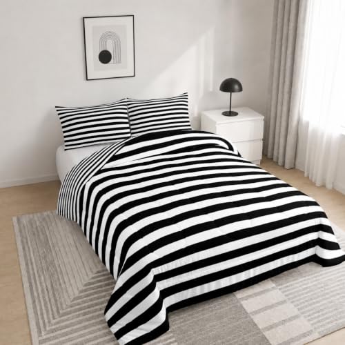 Striped Comforter Set Black and White Stripe Bedding Set King Kids Boys Girls Women Men Farmhouse Ticking Stripes Duvet Set Modern Geometric Lines Adults Abstract Gothic Home Decor Soft Reversible