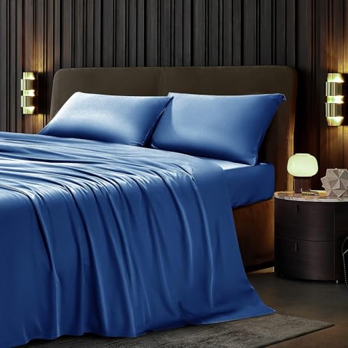 "Bamboo Bay 4 Piece Twin Size Sheet Set, 100% Viscose Made from Bamboo, Breathable, Ultra Soft Cooling Bed Sheets for Hot Sleepers, Beddings with Deep Pockets Fit 16"" Mattress, Navy Blue"