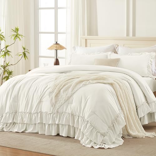 Andency Ivory Ruffle Comforter Set Oversized King, Shabby Chic Solid Bedding Set 3 Pieces, Lightweight Soft Bet Set 120x98 for Girls Women (1 Comforter 2 Pillowcases)