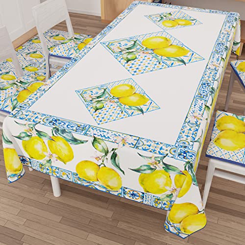 PETTI Artigiani Italiani - Stain Resistant Tablecloth Rectangular 140x180 cm 6 Seats, Wipe Clean Microfibre Kitchen Table Cover, Vietri Design Lemons and Majolica, 100% Made in Italy