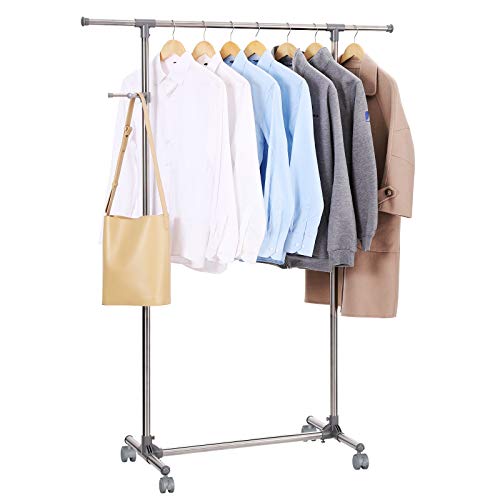 SONGMICS Adjustable Garment Rack, Coat Hanging Rail, Clothes Stand with Wheels, Stainless Steel Clad Pipe, Additional Coat Hook, Grey LLR01G,(87-150) x 44 x (97-165) cm