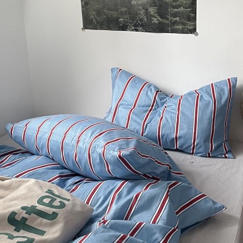 mixinni King Size Striped Pillowcases Set - 2 Pack 100% Cotton Blue & Red Striped Pillow Covers with Envelope Closure - Classic Vintage Modern Bedding - Fits King (Pillows Not Included)