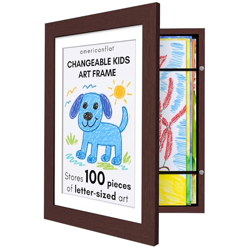 Americanflat Kids Artwork Display Frame Changeable (Mahogany) - Magnetic Door Holds 100 Art Pieces - A4 Size Display with Mount or 10x12.5 Without Mount - My Mini Masterpiece