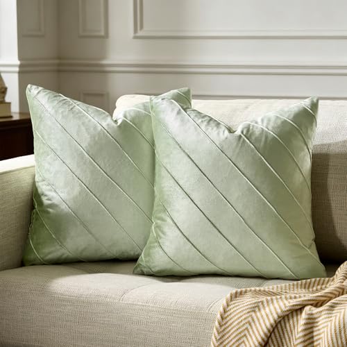 GIGIZAZA Sage Green Velvet Pillow Covers 20x20, Set of 2 Couch Decorative Throw Pillows Covers Modern Cases Living Room Square Cushion Accent Stripe Covers