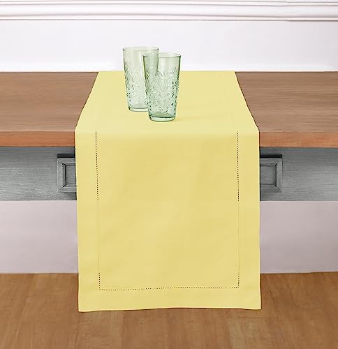 Solino Home Cotton Linen Yellow Table Runner 72 Inches Long - Hemstitch Table Runner 14 x 72 Inch for Dresser, Dining, Spring, Summer