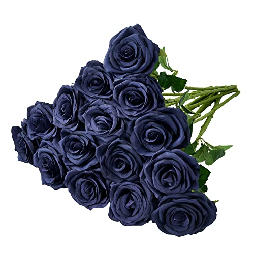 Carlita???s Blooms Artificial Navy Blue Flowers Silk Roses Long Stems Fake Bridal Wedding Bouquet for Home Garden Party Floral Decor 15pcs(VASE IS NOT INCLUDED)