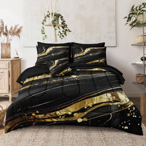 MOVE OVER Black Gold Marble Comforter Set Queen Size 8 Pieces Bed in a Bag 100% Soft Microfiber Lightweight and Breathable Metallic Marble Bedding Set for Modern Bedroom