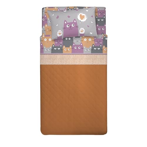 PENSIERI DELICATI 100% Cotton Double Bed Set, 120 x 200 cm, Complete with Bottom Sheet, Top Sheet and 1 Pillowcase, Made in Italy, Happycat Orange Design
