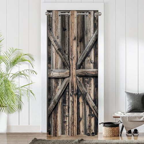 "ONINUO Wooden Barn Doors Door Curtains for Doorways, Rustic Farmhouse Art Wood Blackout Curtain for Kids Bedroom Closet, Grommet Thermal Insulated Privacy Door Drapes for Room Divider, 52"" W x 80"" L"