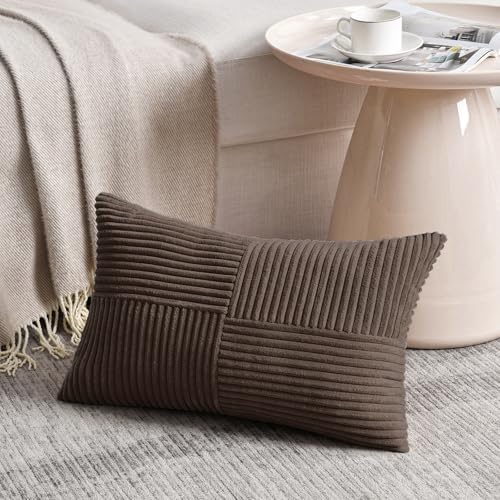 Fancy Homi Dark Brown Lumbar Decorative Throw Pillow Covers 26x16 Inch for Living Room Couch Bed, Rustic Farmhouse Boho Home Decor, Soft Striped Corduroy Rectangle Accent Cushion Case 40x65 cm