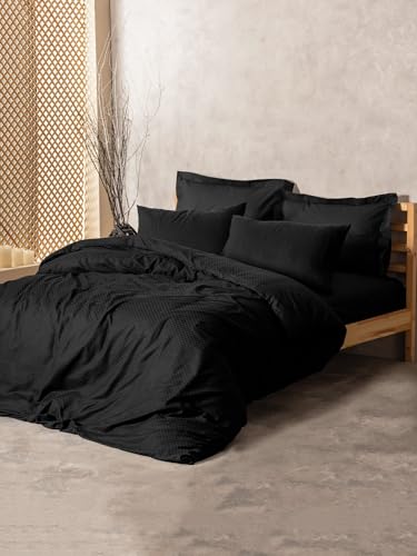 Nuit Des Rêves Premium Ranforce Double Quilt Cover Set (200 x 200 cm), Black, 100% Cotton, 2 Pillowcases (80 x 80 cm), Reactive Print, Machine Washable, Elegant Design