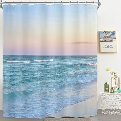 "Beach Sea Hawaiian Ocean Wave Blue Pink Coastal Bathroom Shower Curtain Set - 60""W x 72""H Tropical Seaside waterproof HD print, quick-dry fabric with plastic hooks for easy hanging."