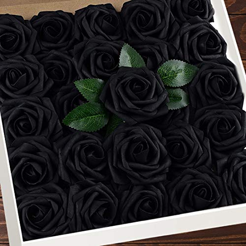 Higfra Artificial Flowers 25pcs Real Looking Fake Roses w/Stem for DIY Wedding Bouquets Centerpieces Arrangements Party Baby Shower Home Decorations(Black)