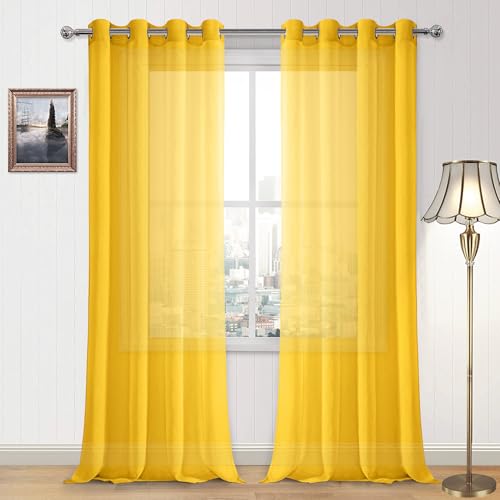 DWCN Yellow Sheer Curtains, Grommet Top Faux Linen Look Voile Semi Transparent Solid Window Sheer Curtains Drapes for Bedroom Living Room, Set of 2 Panels 52 x 102 Inch Long, Yellow