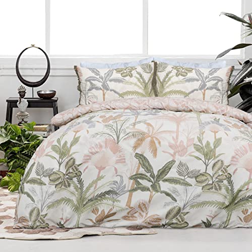 Sleepdown Tropical Leaves Floral Natural Reversible Duvet Cover Quilt Tassel Pillow Case Bedding Set Soft Easy Care - Single (135cm x 200cm)