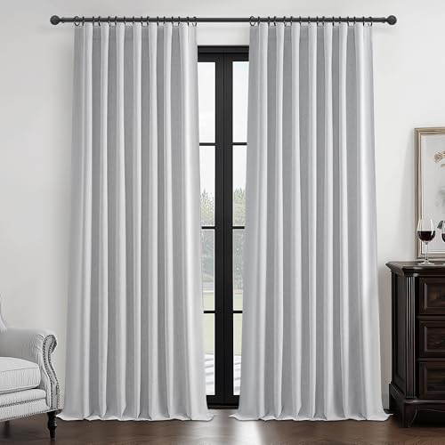 "Light Grey Blackout Curtains 102 Inch Length 2 Panels Set for Bedroom, Modern Faux Linen Room Darkening Pleated Gray Burg with Rod Pocket Back Tab Insulated Curtain for Office Sunroom (50""Wx102""Lx2)"