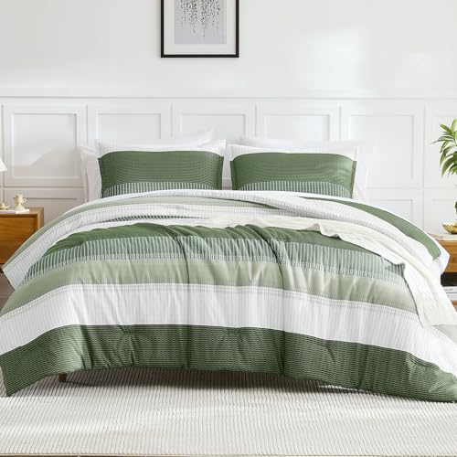 Litanika Olive Green King Size Comforter Set - 3 Pieces Stripe Bed Set - Fluffy Lightweight Soft Colorblock Down Alternative All Season Bed Set