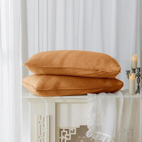 EVERLY 100% Linen Pillowcases Set of 2, Envelope Overlap Closure French Natural Washed Flax Pillowcases 26x26inches-Caramel