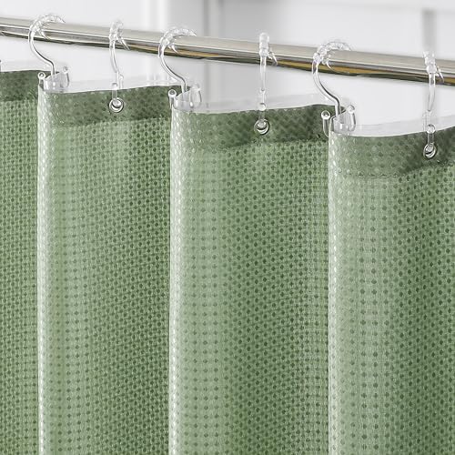 QIYI 3 in 1 Shower Curtain Set, Sage Green Waffle Shower Curtain and Liner Set with 12 Double Shower Curtain Hooks, Waterproof Fabric Bathroom Curtain with PEVA Liner & Clear Plastic Rings, 72 x 78
