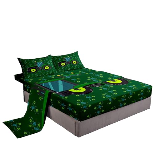 Erosebridal Tractor Bed Sheets Full Size 4Pcs Green Equipment Trucks Sheet Set Boys Construction Excavator Fitted Sheet Kids Cartoon Farm Car Bedding Set Lightweight Soft Flat Sheet with Deep Pocket