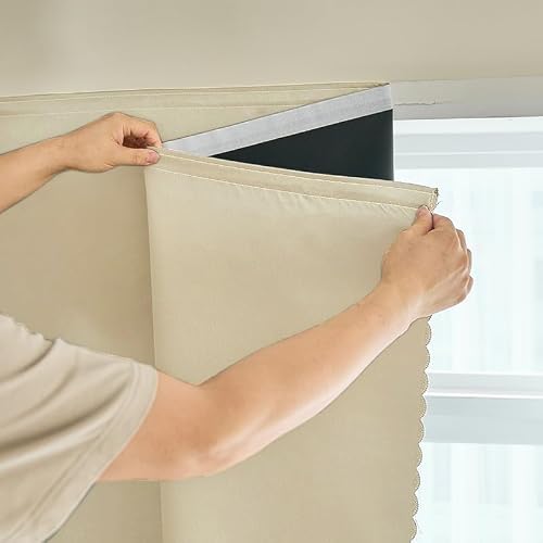 "AJAZZ Self Adhesive Curtains 100% Blackout Shades Window Cover Sticky Curtain Portable Easy Open Blackout Curtains for Bedroom Living Room No Drilling (Beige, 47"" W x 96"" L) 1 Panel"