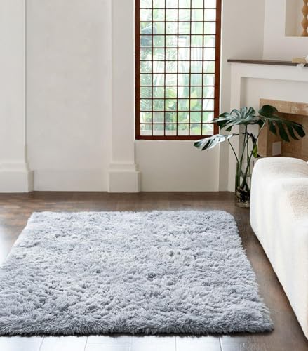 Kampala Hill Cuddle Area Rug Anti-Slip Cuddly Shaggy Soft Fluffy Silver Grey 60x110cm